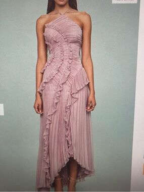 Pleated Ruffle Midi Dress in Dusty Rose